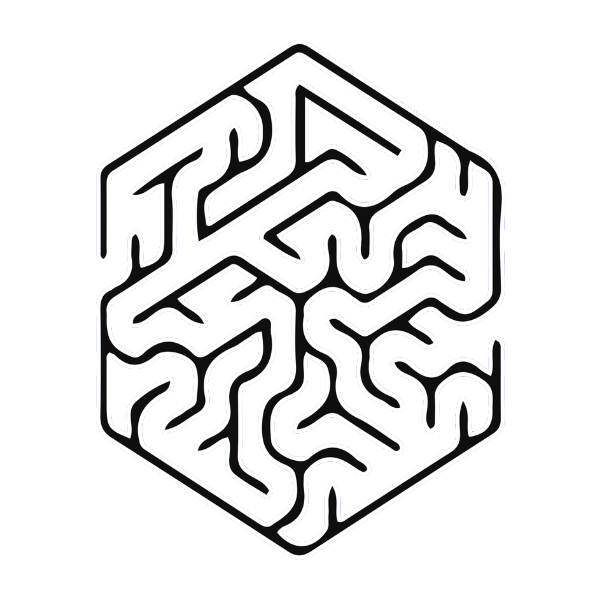 Logomarca em formato de labirinto que remete a um cérebro com contorno em branco