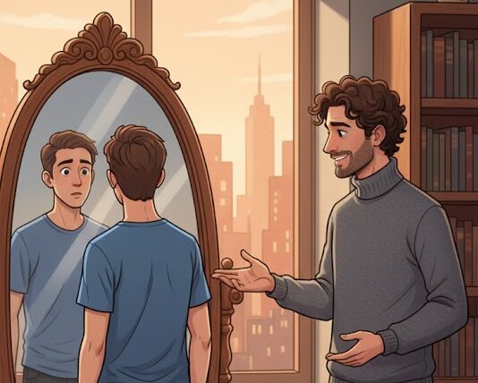 Psicólogo ao lado de um paciente que se olha no espelho com expressão de curiosidade