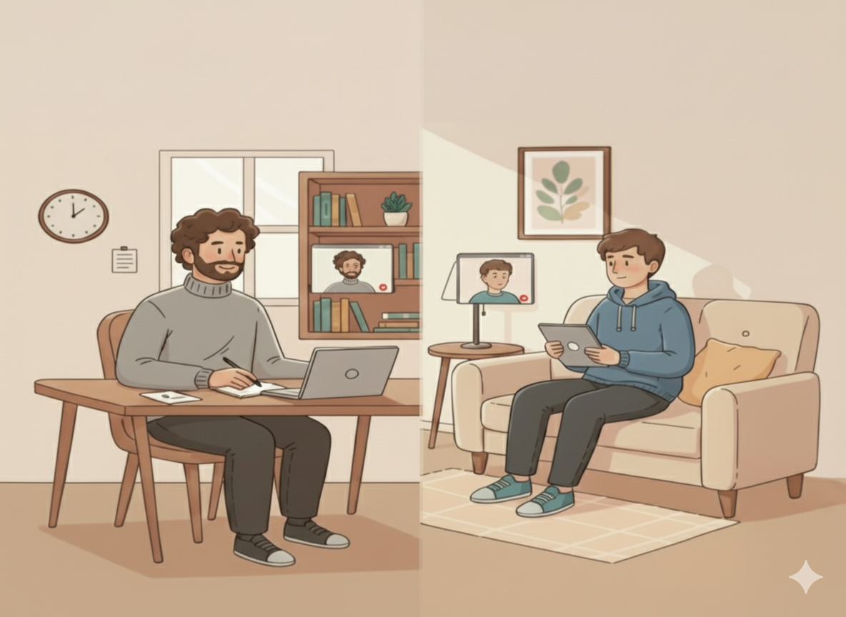 Home 9 Duas pessoas em terapia online.