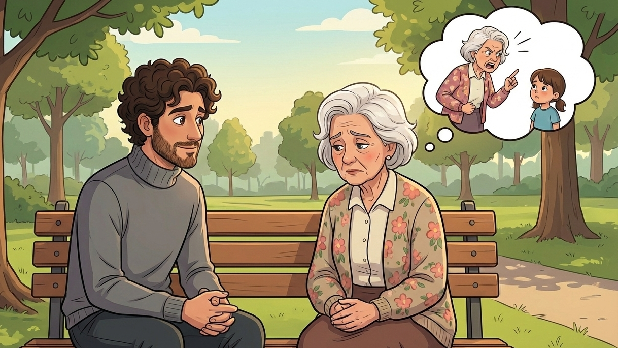 O mito do controle das emoções: psicólogo Luiz Otávio Esteves atende senhora idosa em um banco de parque lidando com a culpa e a raiva.