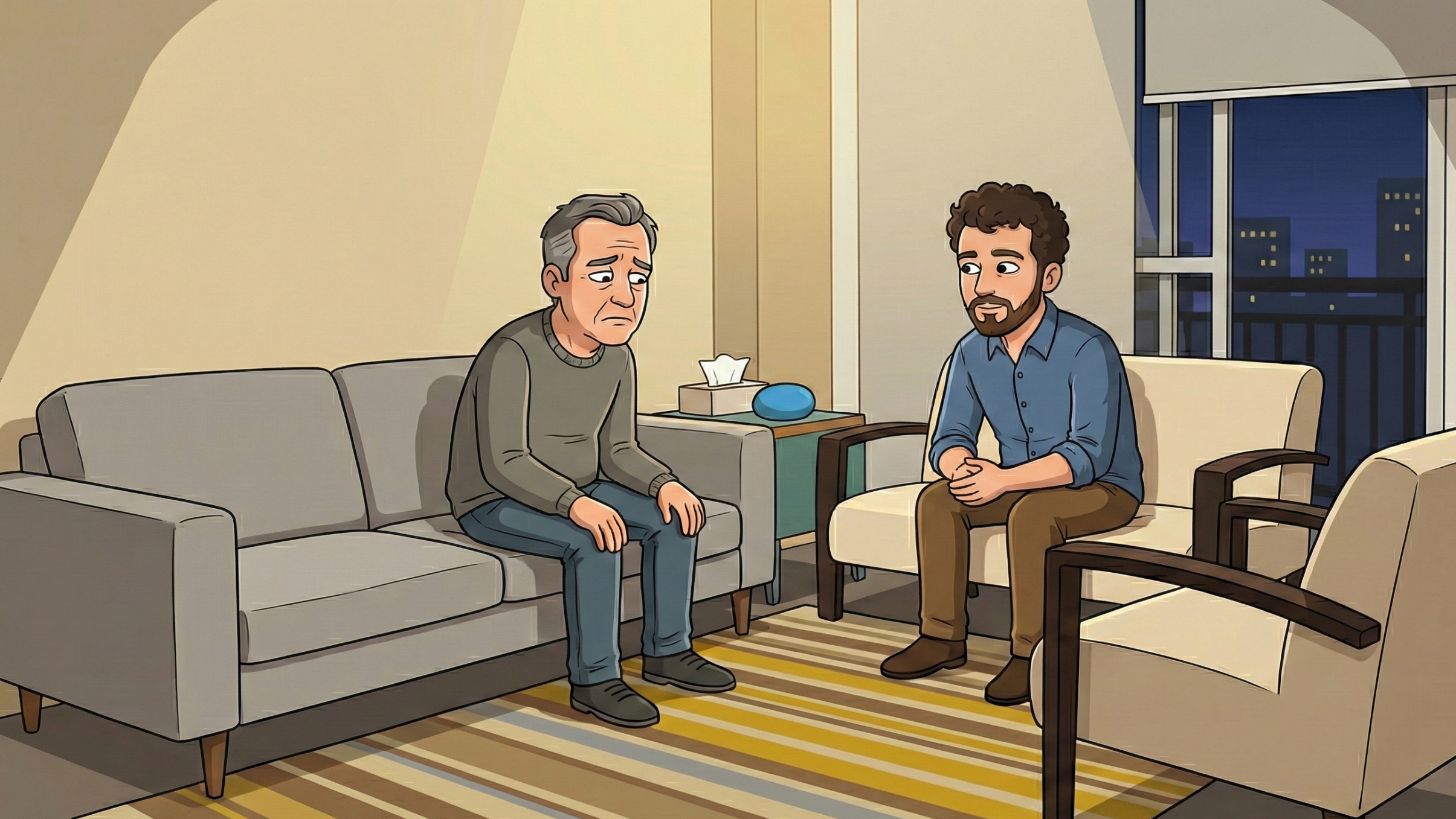 Ilustração de sessão de psicoterapia no consultório abordando a depressão como fechamento existencial, com o psicólogo Luiz Otávio Bastos Esteves ouvindo atentamente paciente de meia-idade com expressão abatida no sofá.